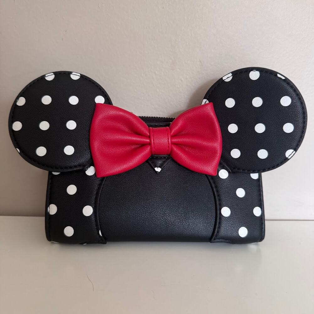 Disney Loungefly Minnie Mouse Ear Wallet Black Polka Dots